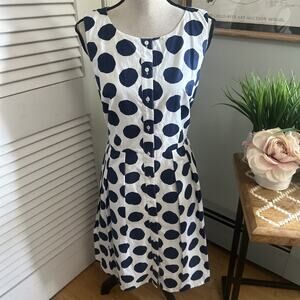 TALBOTS Dress Womens 10P White Blue Polka Dot Fit Flare Preppy Classic Party